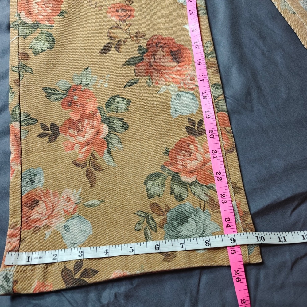 Flamingals Khaki Floral Rose Print High Rise Straight Leg Cropped Pants Small - Picture 10 of 10